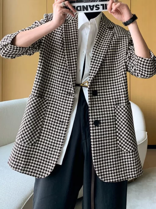 Autumn Women Vintage Houndstooth Woolen Blazer Jackets Fashion Elegant Casual Outerwear Coat With Belt Female Cardigan.jpg 3