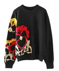 Black Floral Embroidery Pullover Women Boho Long Sleeve O Neck Autumn Winter Jumper Top Loose Knitted.jpg