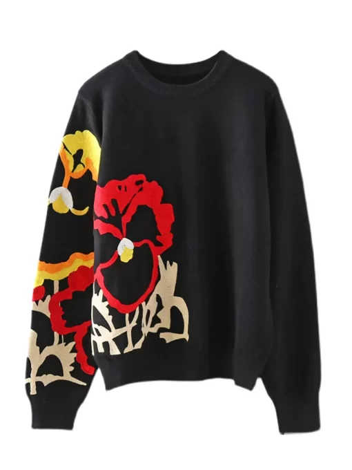 Black Floral Embroidery Pullover Women Boho Long Sleeve O Neck Autumn Winter Jumper Top Loose Knitted.jpg