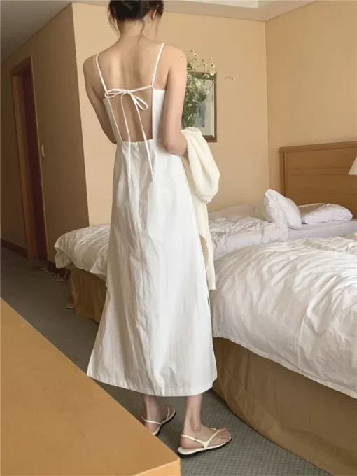 Colorfaith New 2022 Korean Fashion Sleeveless Vintage Backless Cutout Sexy Split Sundresses Women Summer Long White.jpg 3