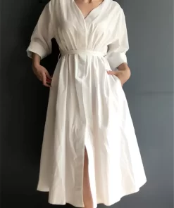 Colorfaith New 2022 Lace Up Oversized High Waist Pleated Dress Women Spring Summer Elegant Chic V.jpg 1
