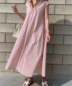 Colorfaith New 2022 Women Striped Reglan Sleeve Shirt Dress Spring Summer Korean Fashion Lace Up Elegant.jpg 1