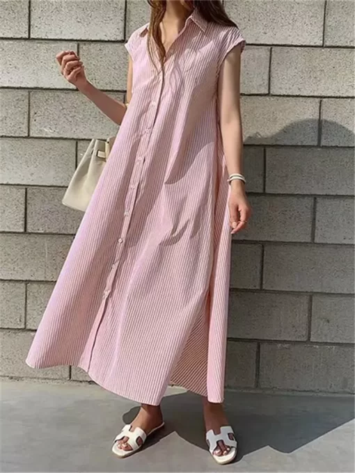 Colorfaith New 2022 Women Striped Reglan Sleeve Shirt Dress Spring Summer Korean Fashion Lace Up Elegant.jpg 1