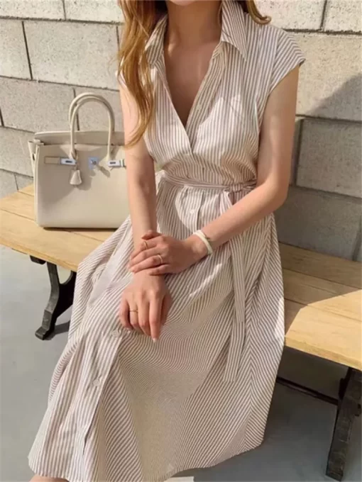 Colorfaith New 2022 Women Striped Reglan Sleeve Shirt Dress Spring Summer Korean Fashion Lace Up Elegant.jpg