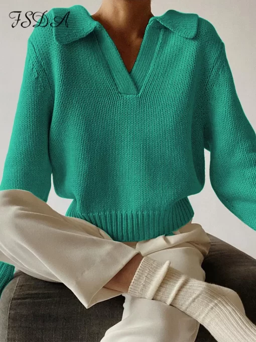 FSDA Green Long Sleeve Sweater Knitted Women V Neck Autumn Winter 2021 Fashion Pullover Casual Black.jpg