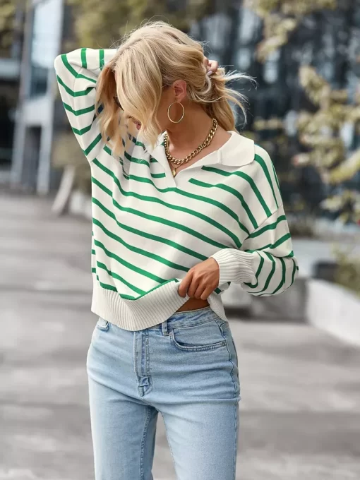 Fall Winter 2022 New Women V Neck Long Sleeve Striped Loose Sweater For Ladies Soft Comfortable.jpg 1