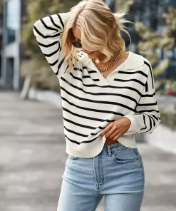 Fall Winter 2022 New Women V Neck Long Sleeve Striped Loose Sweater For Ladies Soft Comfortable.jpg