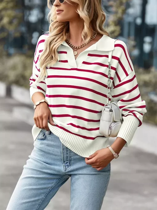 Fall Winter 2022 New Women V Neck Long Sleeve Striped Loose Sweater For Ladies Soft Comfortable.jpg 3