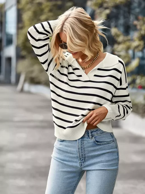 Fall Winter 2022 New Women V Neck Long Sleeve Striped Loose Sweater For Ladies Soft Comfortable.jpg
