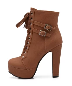 Fashion Womens Ankle Boots Platform High Heels Motorcycle Boot Sexy Buckle Lace up Brown Ladies Party Shoes 2