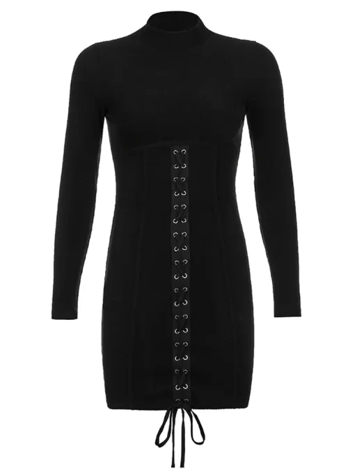 HEYounGIRL Tie Up Bandage Black Bodycon Dress Autumn Basic Long Sleeve Knitted Mini Dresses Ladies Skinny.jpg 2