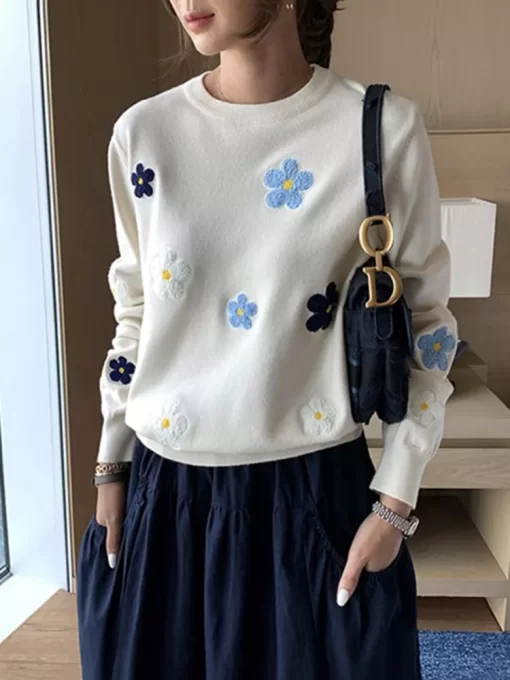 Korean Floral Emobroidery Pullover Sweater High Quality Women Elegant O Neck Knitted Tops C 089.jpg 1