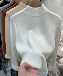 Korean Turtleneck Slim Thicken Knitted Pullovers Woman 2022 Winter Plus Velvet Sweater Casual Fleece Lined Warm.jpg 640x640