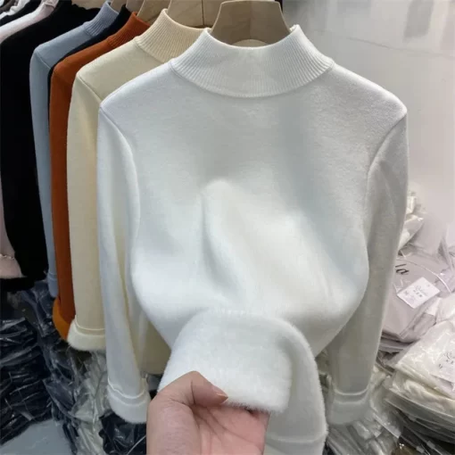Korean Turtleneck Slim Thicken Knitted Pullovers Woman 2022 Winter Plus Velvet Sweater Casual Fleece Lined Warm.jpg 640x640
