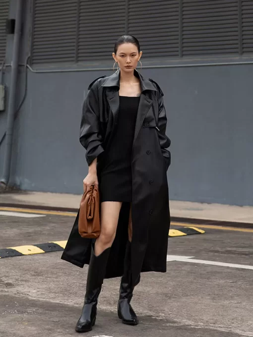 Lautaro Autumn Extra Long Oversized Black Faux Leather Trench Coat for Women Long Sleeve Belt Double.jpg 2