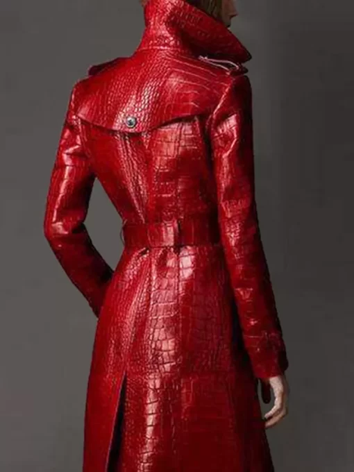 Lautaro Autumn Long Red Crocodile Print Leather Trench Coat for Women Belt Double Breasted Elegant British.jpg 1
