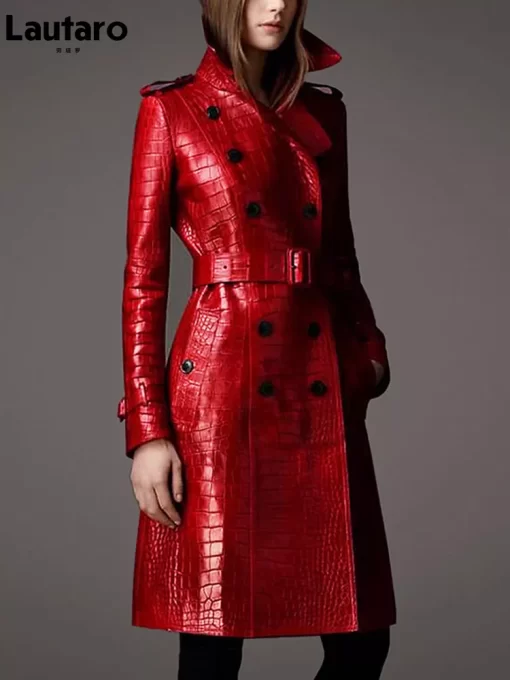 Lautaro Autumn Long Red Crocodile Print Leather Trench Coat for Women Belt Double Breasted Elegant British.jpg