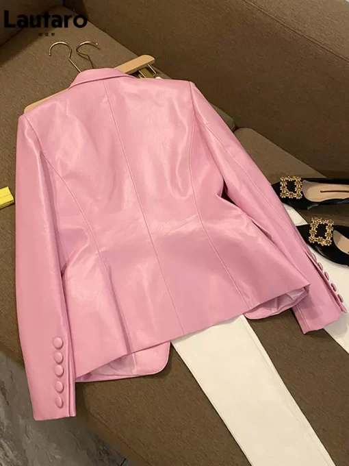 Lautaro Spring Stylish Short Pink Soft Pu Leather Blazer Long Sleeve Slim Fit Luxury Jackets for.jpg 3