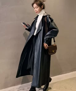 Nerazzurri Spring Black Oversized Long Waterproof Leather Trench Coat for Women 2021 Long Sleeve Loose Korean.jpg