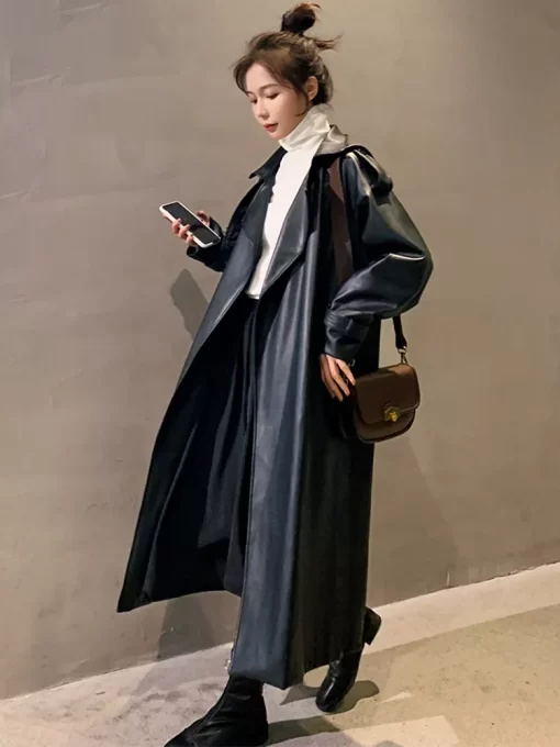 Nerazzurri Spring Black Oversized Long Waterproof Leather Trench Coat for Women 2021 Long Sleeve Loose Korean.jpg
