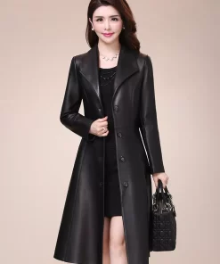 Nerazzurri Spring autumn long black soft faux leather coat women long sleeve buttons slim fit Elegant.jpg