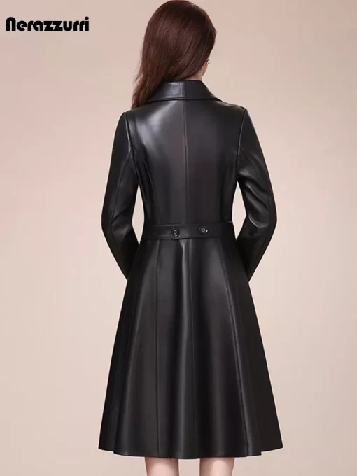 Nerazzurri Spring autumn long black soft faux leather coat women long sleeve buttons slim fit Elegant.jpg 3