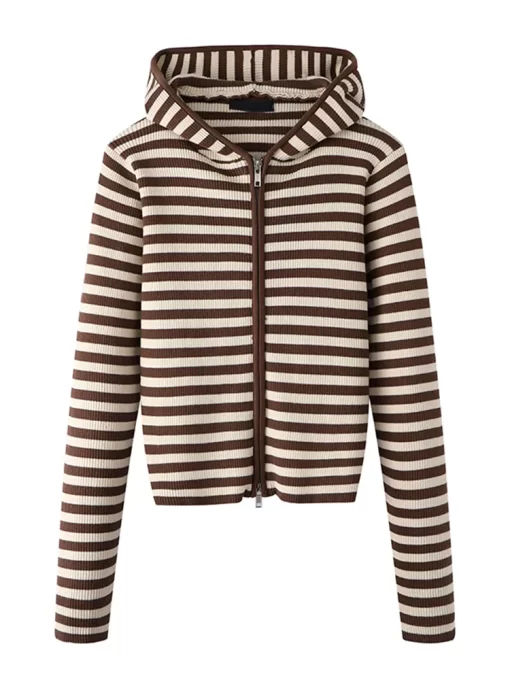 PUWD Casual Women Brown Striped Zipper up Hooded Cardigans 2022 Autumn Fashion Ladies Vintage Female Knitted.jpg 1