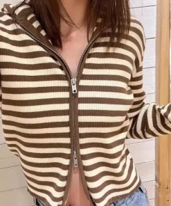 PUWD Casual Women Brown Striped Zipper up Hooded Cardigans 2022 Autumn Fashion Ladies Vintage Female Knitted.jpg