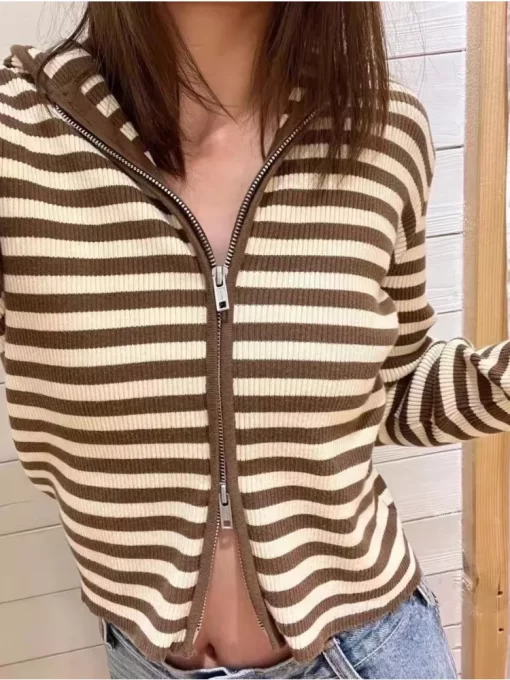 PUWD Casual Women Brown Striped Zipper up Hooded Cardigans 2022 Autumn Fashion Ladies Vintage Female Knitted.jpg
