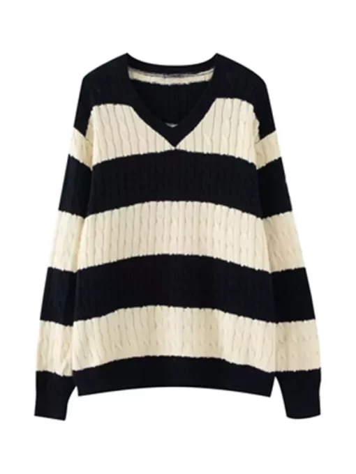 PUWD Vintage Women V Neck Stripe Loose Pullover Sweaters 2022 Spring Fashion Ladies Streetwear Knitted Y2K.jpg 2