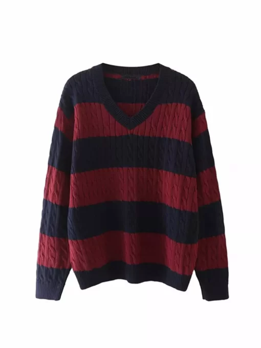 PUWD Vintage Women V Neck Stripe Loose Pullover Sweaters 2022 Spring Fashion Ladies Streetwear Knitted Y2K.jpg 5