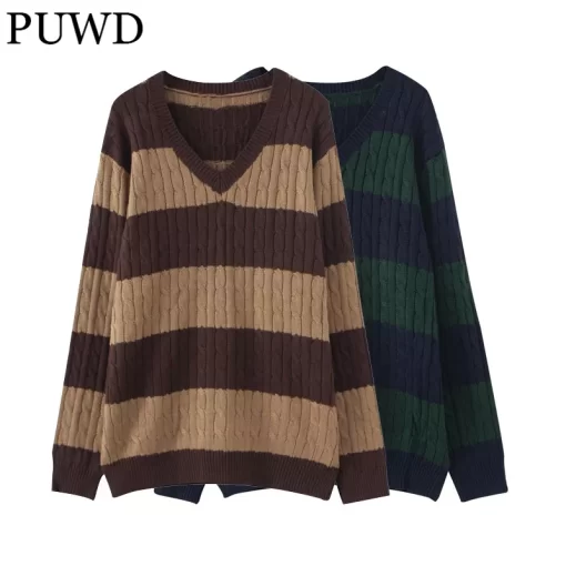 PUWD Vintage Women V Neck Stripe Loose Pullover Sweaters 2022 Spring Fashion Ladies Streetwear Knitted Y2K.jpg