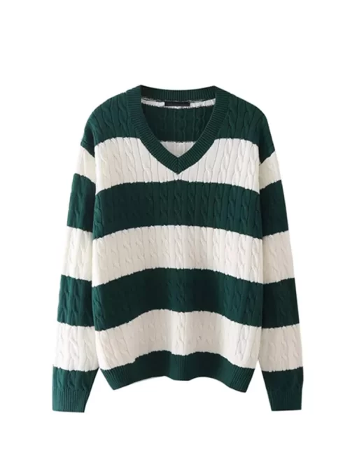 PUWD Vintage Women V Neck Stripe Loose Pullover Sweaters 2022 Spring Fashion Ladies Streetwear Knitted Y2K.jpg 6