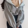 Short Hoodies Women Solid Sweatshirt Tracksuit Long Sleeve Female Crop Top 2