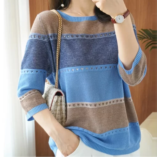 Summer Women knitted Short sleeve 2022 Thin Sweater Female Hollow Out Turtleneck Pullover Ladies knit Cotton.jpg