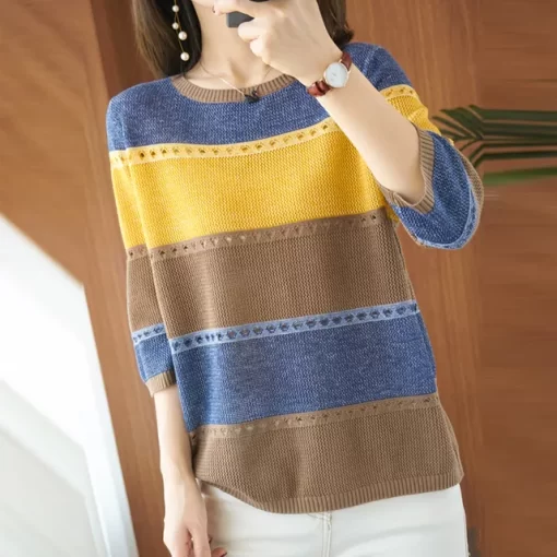Summer Women knitted Short sleeve 2022 Thin Sweater Female Hollow Out Turtleneck Pullover Ladies knit Cotton.jpg 640x640.jpg 1