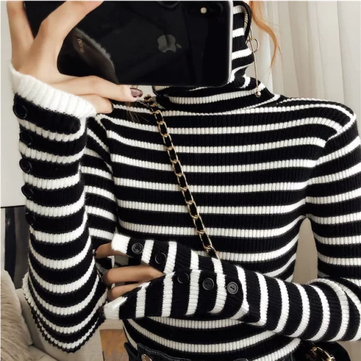 Turtle Neck Women Striped Sweater Autumn Winter New Korean Fashion Slim Pullover Basic Top Soft Knit.jpg 640x640 1
