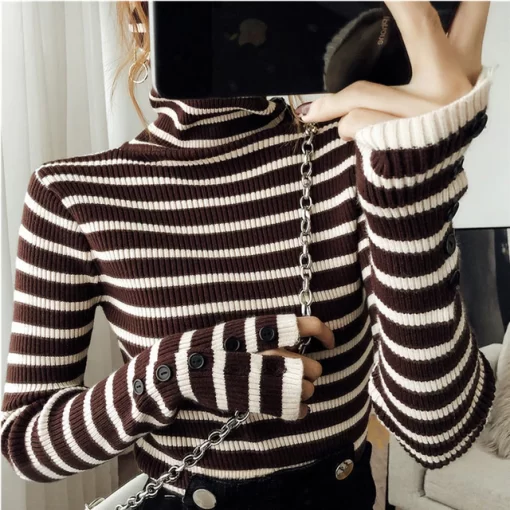 Turtle Neck Women Striped Sweater Autumn Winter New Korean Fashion Slim Pullover Basic Top Soft Knit.jpg 640x640 2