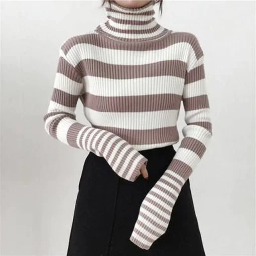 Turtleneck Women Striped Sweater 2021 Autumn Winter Korean Fashion Slim Pullover Basic Top Casual Soft Knit.jpg 640x640 1