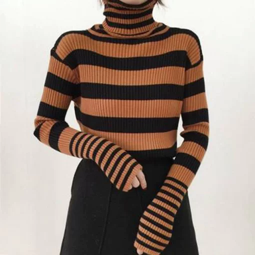 Turtleneck Women Striped Sweater 2021 Autumn Winter Korean Fashion Slim Pullover Basic Top Casual Soft Knit.jpg 640x640 2
