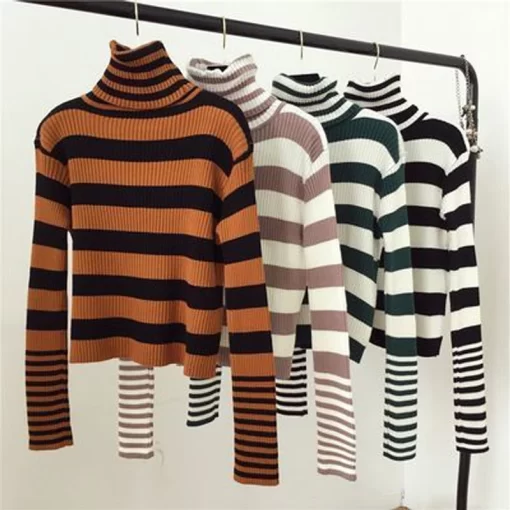 Turtleneck Women Striped Sweater 2021 Autumn Winter Korean Fashion Slim Pullover Basic Top Casual Soft Knit.jpg Q90.jpg