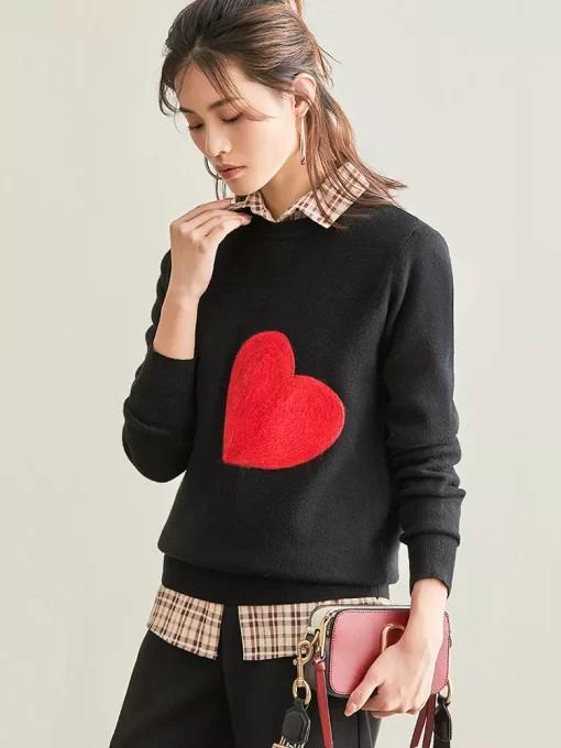 Wholesale Women Knit Sweater Embroidery Red Heart O Neck Simple Style Fall Spring Autumn Slim Pullover.jpg 3