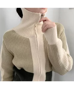 Women Autumn Winter Sweater Retro Simple High Collar Color Blocking Design Soft Waxy Skin Friendly Warm.jpg