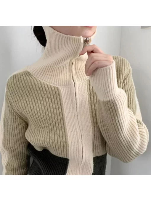 Women Autumn Winter Sweater Retro Simple High Collar Color Blocking Design Soft Waxy Skin Friendly Warm.jpg