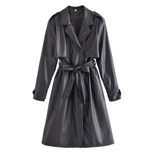 Women s Fall 2022 New Casual Fashion Chic Belted Faux Leather Trench Coat Vintage Lapel Long.jpg 640x640