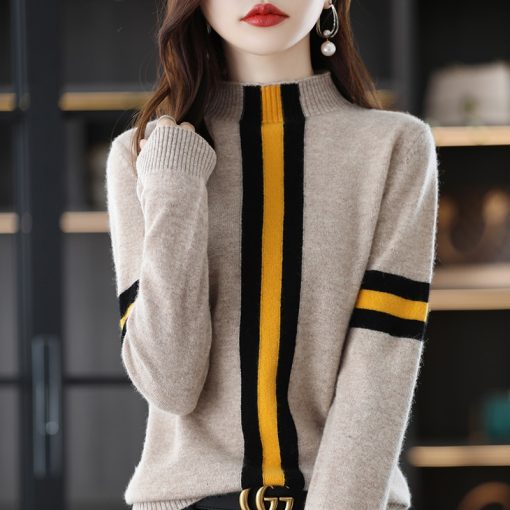 main image0100 Merino Wool Sweater Women s Clothing Half Turtleneck Pullover Autumn Winter Fashion Casual Knit Colorblock