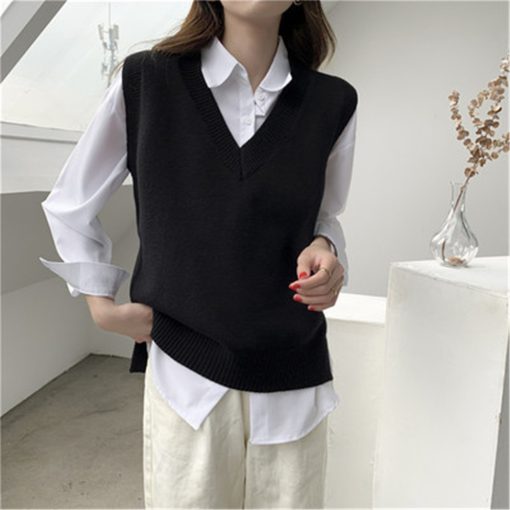 main image01PCS Women Black Sweater Vest Autumn and Winter Korean Loose Black V neck Knitted Vest Sleeveless