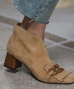main image02021 Autumn Winter Women Boots Sheep Suade Round Toe Square Heel Mid Heel Ankle Boots Fringed