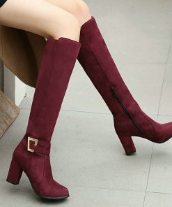 main image02021 New Faux Suede Women Knee High Boots Fashion Buckle Women Square Heel Boots Autumn Winter