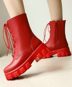 main image02021 Women Ankle Boots Platform Square Heel Ladies Short Boots PU Leather Round Toe Side Zipper